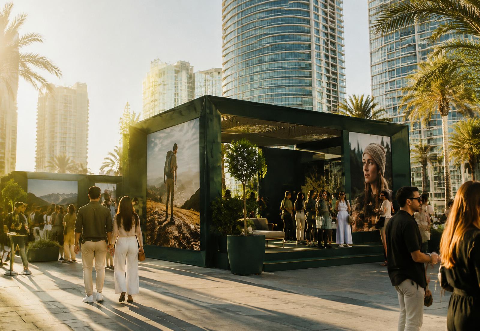 Branded outdoor activation pavilion with guests in a city plaza