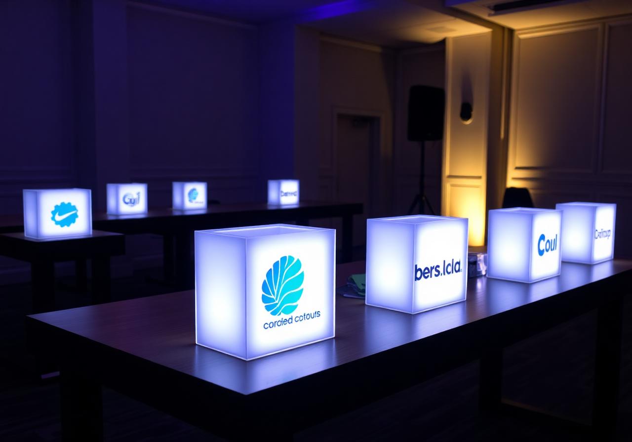 Glowing branded lightbox cubes on an event table