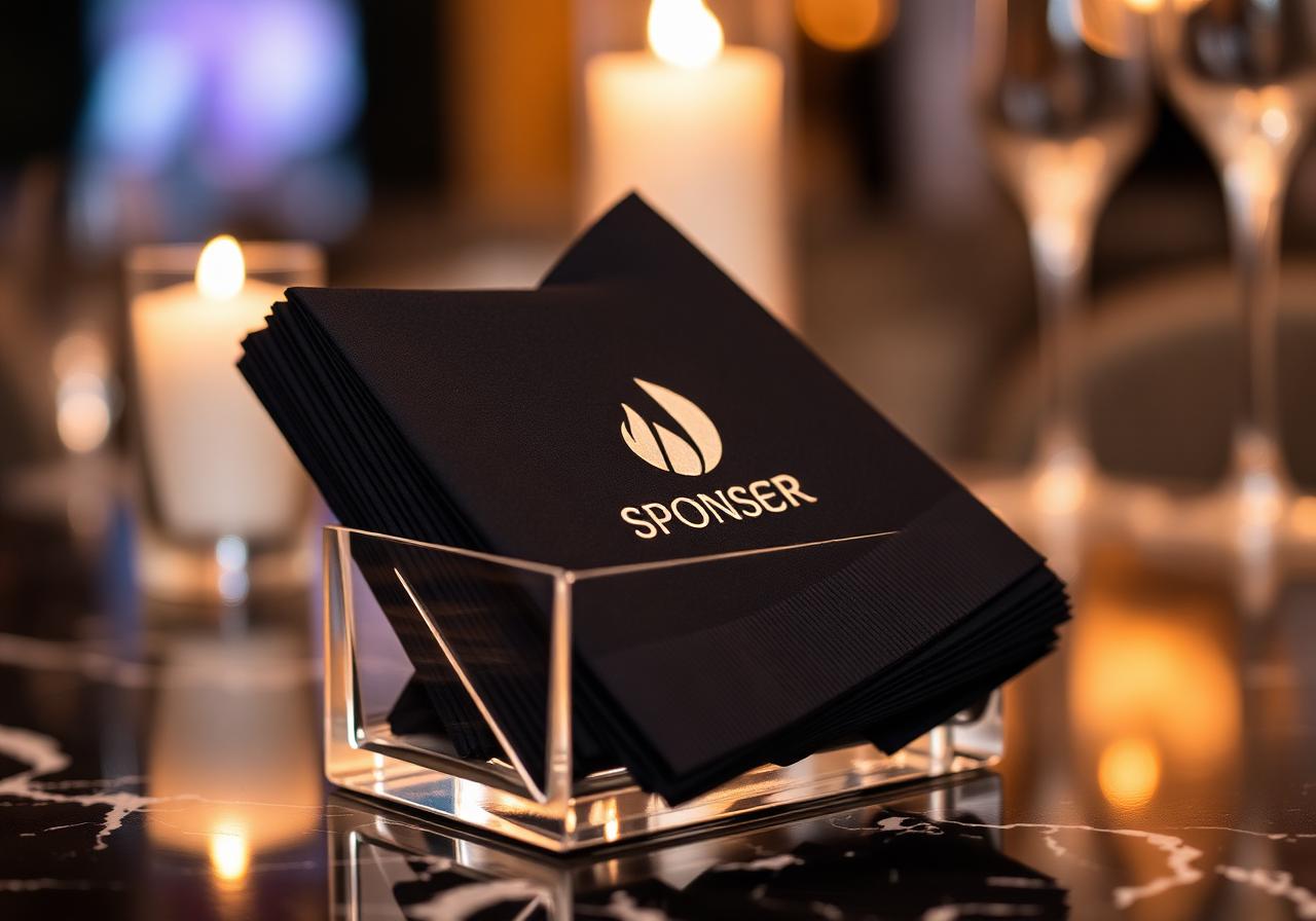 Black foil-printed branded napkins at a luxury event