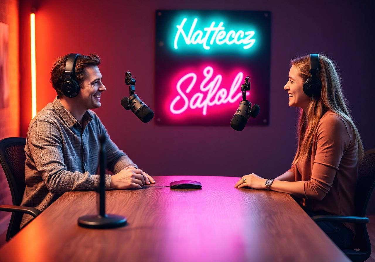 Two people recording a podcast in a warmly lit studio
